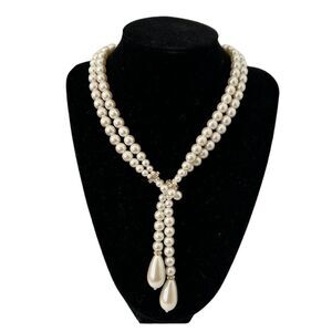 Lariat Faux Pearl Necklace teardrops gold accents Wedding Prom Elegant